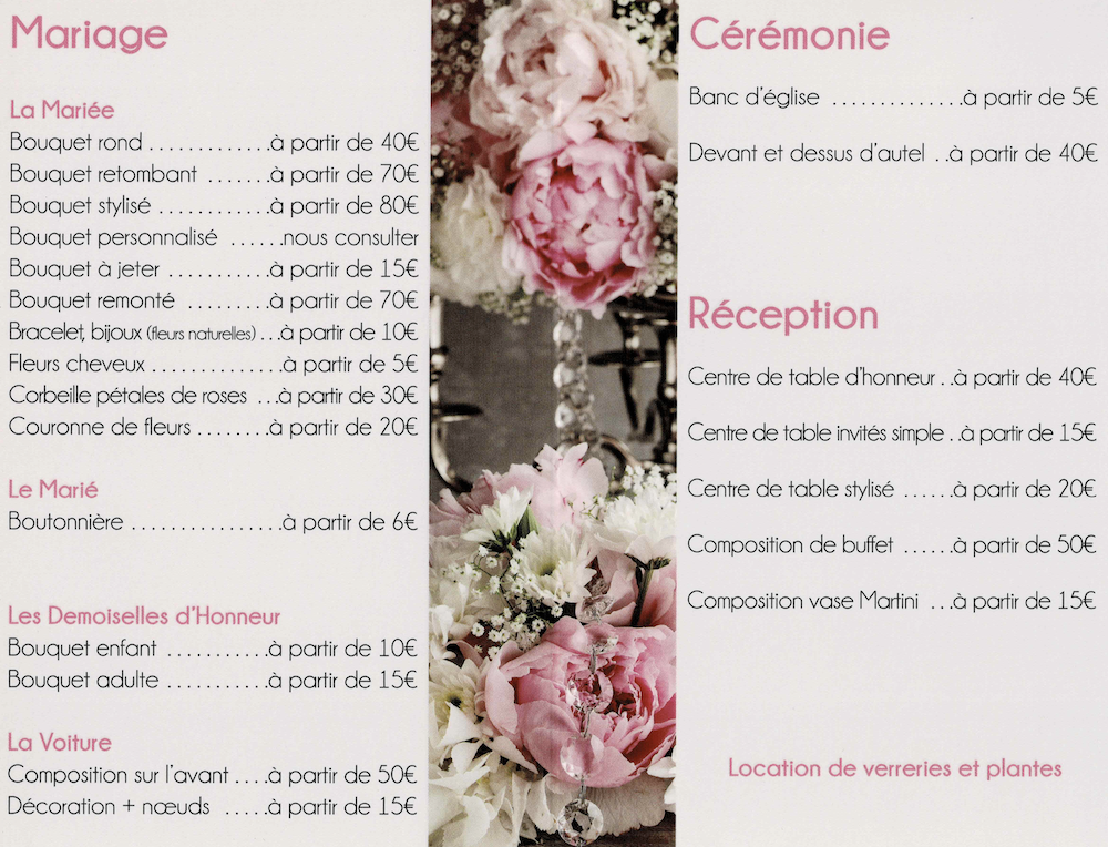 catalogue prix mariage Marie Danède Art floral et curiosités